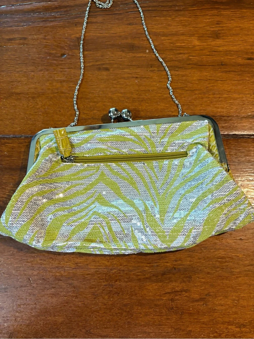 Sequined Zebra-Print Clutch in Lime Yellow with Silver Chain